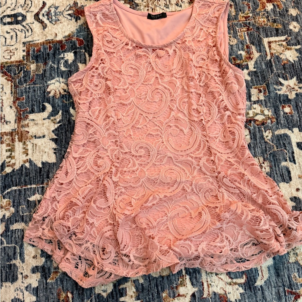 Lace Overlay Sleeveless Blouse in Blush Pink